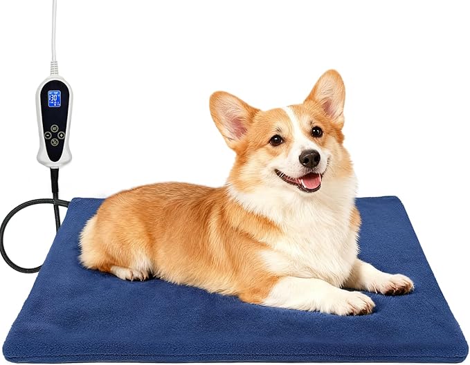Bestio Dog Heating pad 28×18 in Waterproof Heating Pad for Dogs Adjustable Thermostat (1-24 Hours) and Chew Resistant Steel Cord- Blue