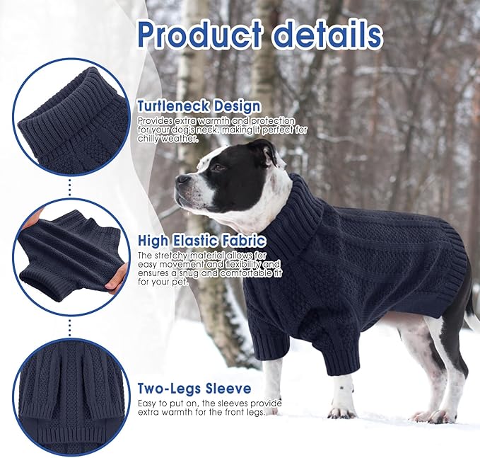 Queenmore Small Dog Sweaters for Small Dogs Girls Boys,Xmas Sweater,Turtleneck Knitted Sweater for Dogs Cats,Cold Weather Pullover for Male Female,Soft Sweaters Pet Apparel(Dark Navy,S)