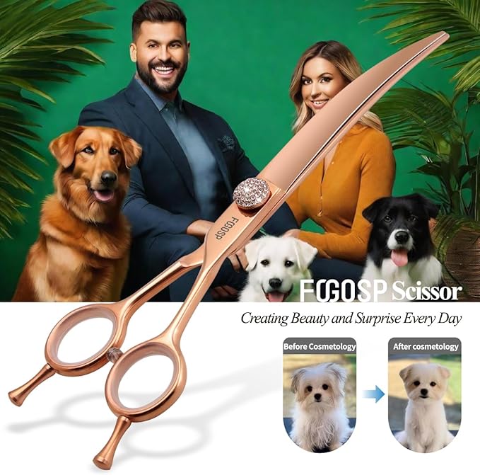 Rose Gold Titanium Curved Dog Grooming Scissors Reverse 7.5'' Downward 30° with Jewelled Screw Japan 440C Professional Pet Grooming Trimming Shears for Dogs Suzhi Teddy(7.5,Curved)