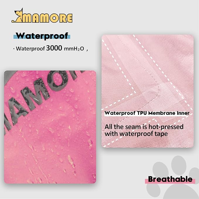 MAMORE Dog Raincoat Hooded Rain Jacket for Small Medium Large Dogs Slicker Poncho Bottom Waterproof Adjustable Reflective Breathable Leash Hole (Pink, XX-Large)