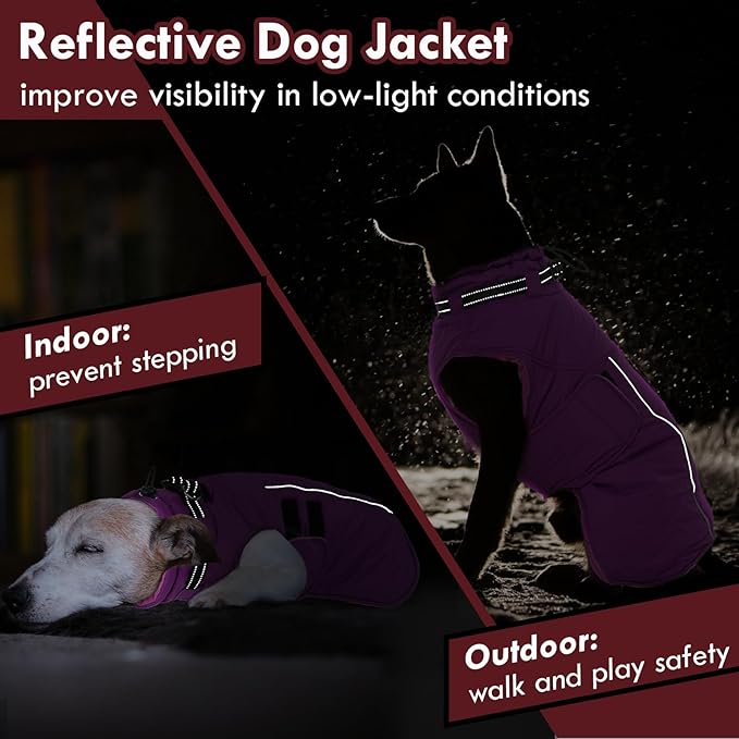 Dog Coat for Large Dogs Waterproof Winter Jacket with Harness Built-in Reflective Adjustable Hook&Loop Snowsuit for Dogs Bulldog Pitbull, XL Purple
