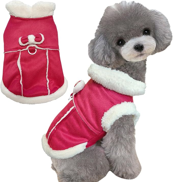 Jecikelon Bowtie Dog Cold Weather Coat Fleece Lining Warm Pet Puppy Turtleneck Dogs Winter Clothes for Small Dogs with D-Ring (Red, Small)