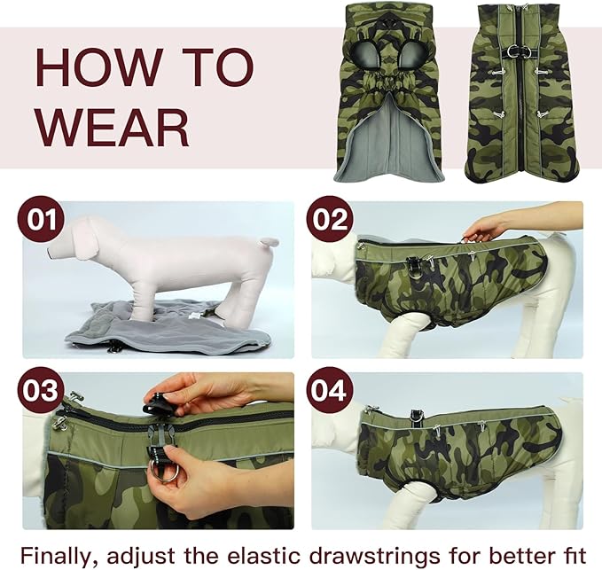 Dog Coat Dog Winter Jacket-Large, Warm Zip Up Snowsuit Dog Harness Vest Reflective Water-Resistant Dog Coat Dog Snow Jacket for Large Dogs French Bulldog, Pug, Camouflage