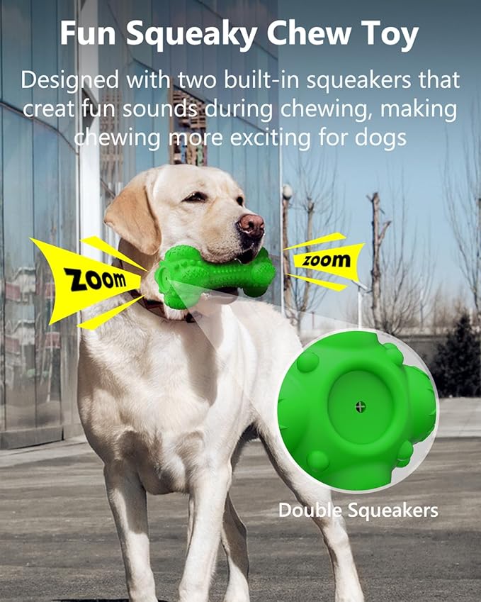 SCHITEC Squeaky Dog Chew Toy for Aggressive Chewers Large Breed, Tough Interactive Teething Rubber Bone for Big Medium Dogs