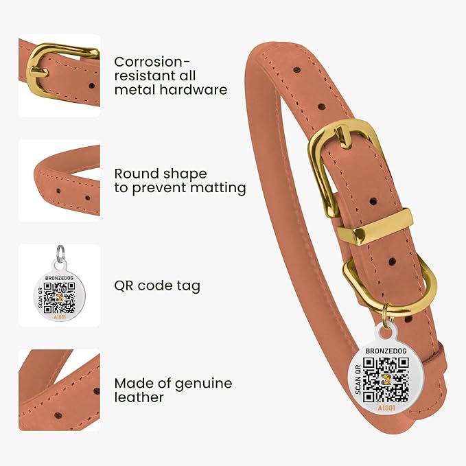 BronzeDog Rolled Leather Dog Collar with QR ID Tag, Adjustable Soft Round Collars for Small Medium Large Dogs Puppy (7" - 10" Neck Size, Peach)
