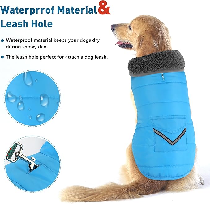 Dog Coat, Waterproof Dog Winter Jacket with Pocket, Reflective Adjustable Pet Snow Vest, Warm Cozy Fleece Sweater for Small Medium Extra Large Dogs - Sky Blue, XL