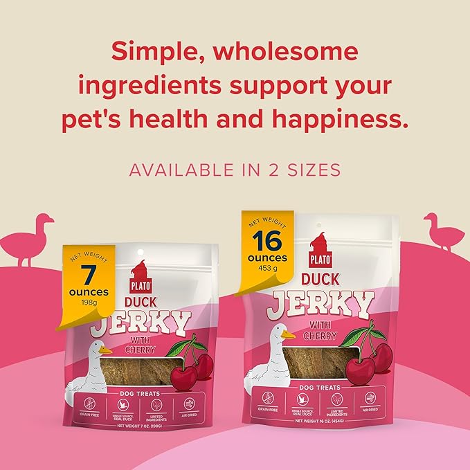 PLATO Pet Treats Jerky Dog Treats - Air-Dried Jerky for Dogs - Delicious, Real Meat Dog Treats - Grain Free - Supports Healthy Digestion - Duck Jerky with Cherry 7oz