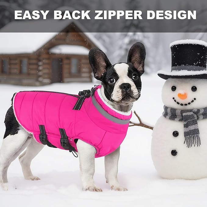 Medium Dog Coat with Harness Built-in, Waterproof Reflective Fleece Lined - Warm Windproof Winter Jacket with Back Zipper, Cold Weather Snow Dog Coats - Pink - M