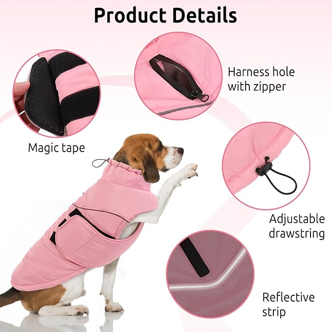 Peferhouse Medium Dog Winter Coat - Warm, Windproof Reflective Jacket with Harness Hole - Thick Dog Vest - Pink