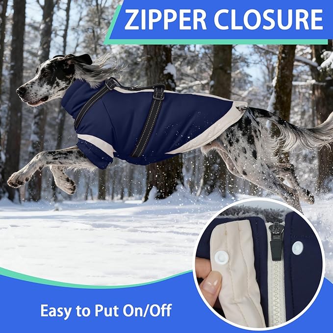 MIGOHI Dog Coat with Harness Built in, 2-in-1 Thermal Dog Winter Coat, Windproof Reflective Jacket with High Collar for Medium Dogs, Easy On Back Zipper, Cocker Spaniels, Navy Blue, L