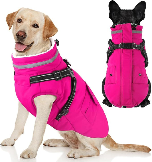 Dogcheer Dog Coat with Harness, Waterproof Warm Dog Winter Jacket with Pockets, Reflective Pet Fleece Jacket Turtleneck Snowsuit for Small Medium Large Dogs - Pink, L