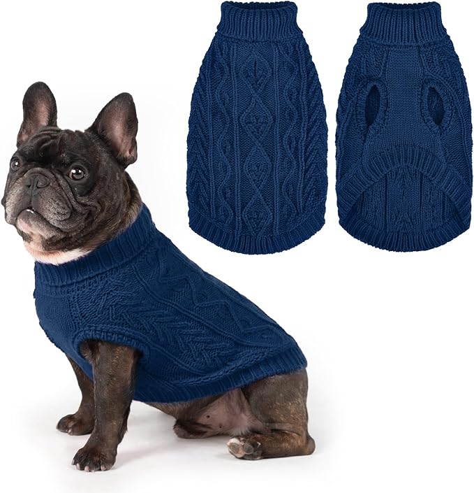 PUPTECK Dog Sweater, Turtleneck Warm Knitted Pullover Coat, Thick Cable Knitwear Clothes in Winter, Pet Apparel Outfits for Small Medium Dogs, for Cold Weather Indoor & Outdoor, Deep Blue SM