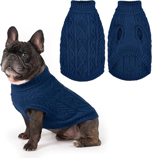 PUPTECK Dog Sweater, Turtleneck Warm Knitted Pullover Coat, Thick Cable Knitwear Clothes in Winter, Pet Apparel Outfits for Small Medium Dogs, for Cold Weather Indoor & Outdoor, Deep Blue XS
