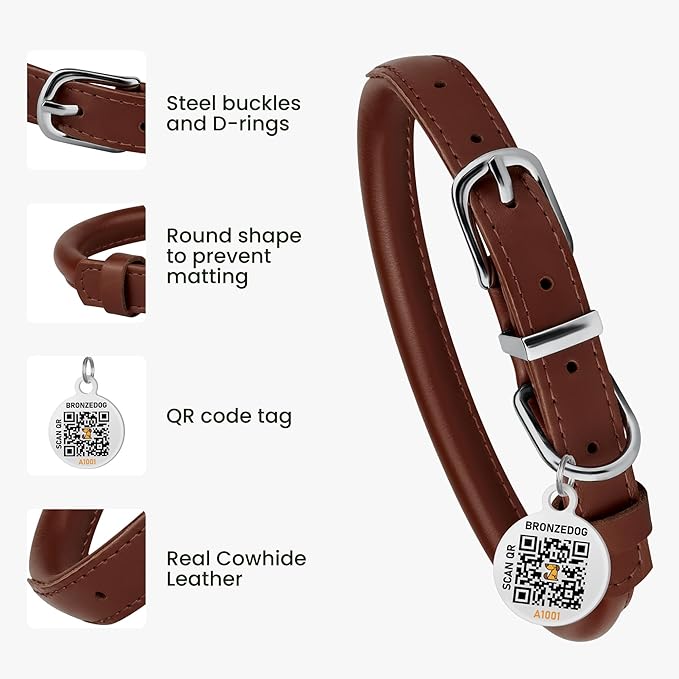 BRONZEDOG Rolled Leather Dog Collar for Small Medium Large Dogs with QR ID Tag (XS: 9-11 Inch, Chocolate Brown)