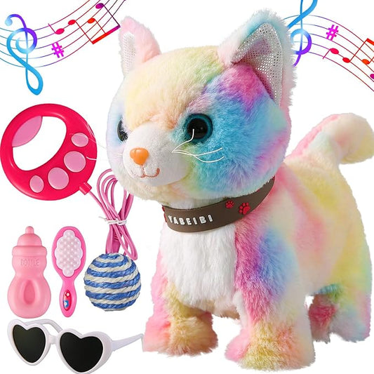 Colorful Leash Walking Cat Set Singing That Purrs and Meows Animated Plush Robot Kitten Moving Plush Realistic Stuffed Animal Remote Control Cute Kawai Robotic Kitty Toy for Girl