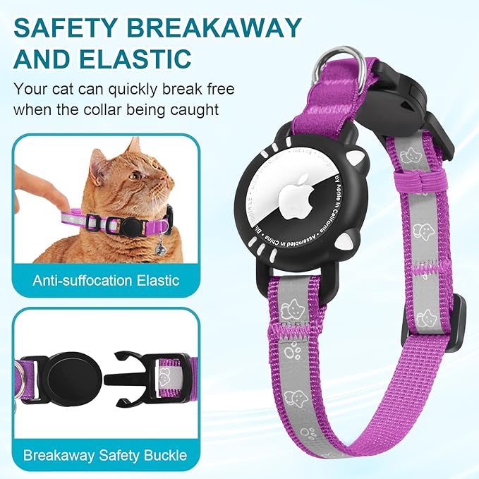 Airtag Cat Collar, Reflective Cat Collar with Apple Air Tag Holder, Breakaway GPS Tracker Pet Collar with Bell for Cat Kitten, Airtag Not Included, Purple, S(9-11 Inch)