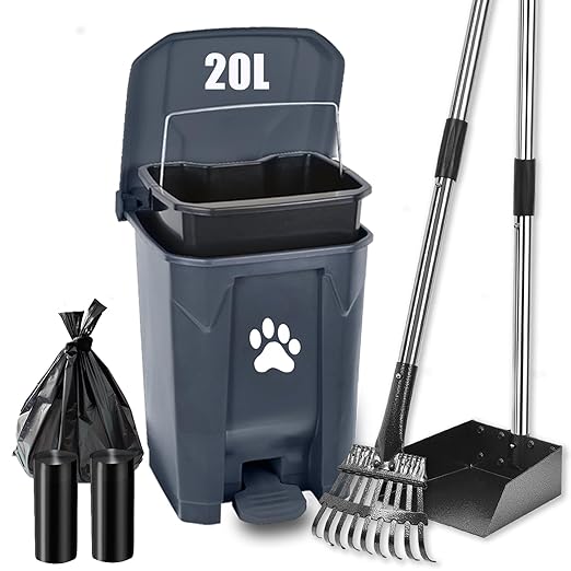 Pooper Scooper for Large Dogs, Dog Poop Trash Can Outside with Long Handle Poop Scooper Set and 40 Waste Bags, Dog Waste Trash Can Odor Control with Removable Inner Bin for Yard Garden, Grey 20 L