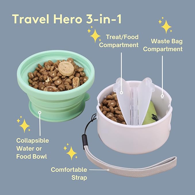 Sweet Paws Travel Hero 3-in-1 Portable Pet Food Container, Silicone Water Bowl, and Poop Bag Dispenser in One, Blush Pink