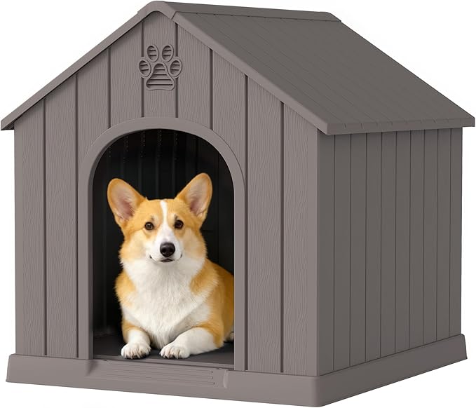 Dog House Outdoor Indoor, Weatherproof Insulated Dog House with Elevated Floor and Air Vents for Small to Medium Dogs,Easy Clean and Assemble (Grey, 26.18''L × 24.02''W × 25.98''H)
