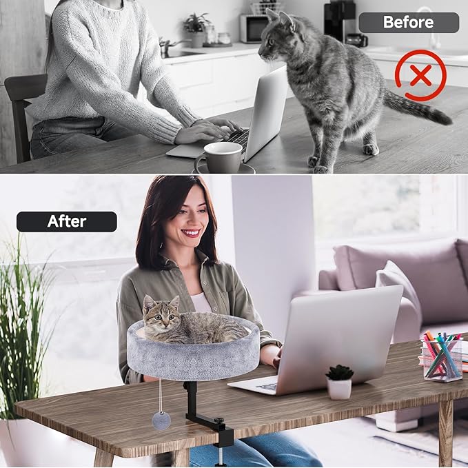 Cat Desk Bed with Heating Pad - 360° Rotating & Adjustable, Supports 44 lbs, Soft Faux Fur with Dual-sided Reversible Mat, Indoor Cat Nest Furniture for Office Desks and Game Tables, Island Table