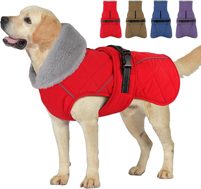 Dog Coat, Waterproof Dog Winter Jacket with Adjustable Buckle, Reflective Turtleneck Pet Snow Vest Warm Fleece Sweater for Small Medium Large Dogs - Red, 2XL
