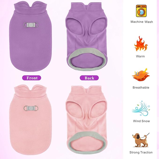 Idepet 2 Pack Dog Fleece Vest Sweater Warm Pullover Jacket with D-Ring Leash Reflective Winter Coat Hoodie for Puppy Cat French Bulldog Pug Chihuahuas Yorkies Dachshunds(Purple&Pink,XX-Large)