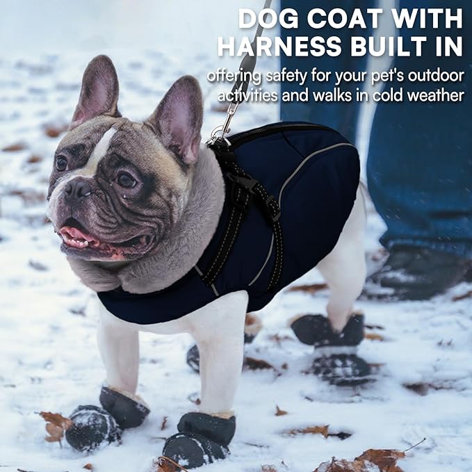 Queenmore Large Dog Jackets,Dog Coats for Extra Large Dogs with Harness Built in,Reflective Waterproof Dogs Jackets with Fleece Lining,Warm Snowsuit Pet Coats for German Shepherd,NavyBlue,XXXL