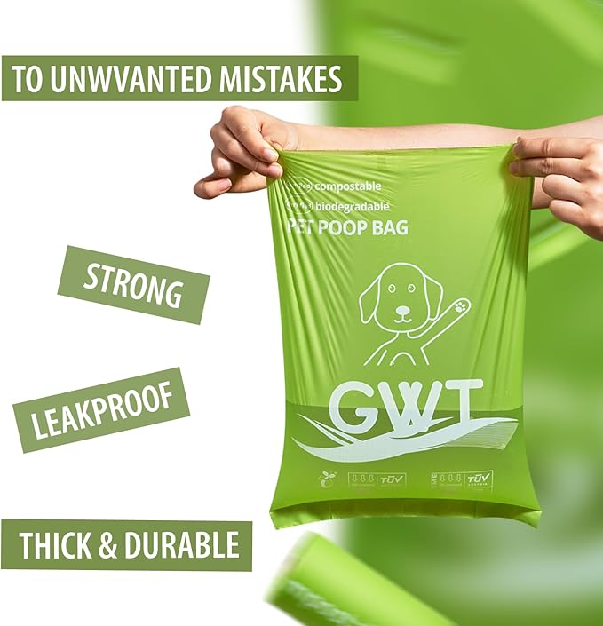 GWT Dog Poop Bags Rolls 9"x13" - Certified Home Plant Based Rolls, 120 Count Pet Waste Bags, Ideal for Outside and Backyard, Includes 8 Convenient Bags