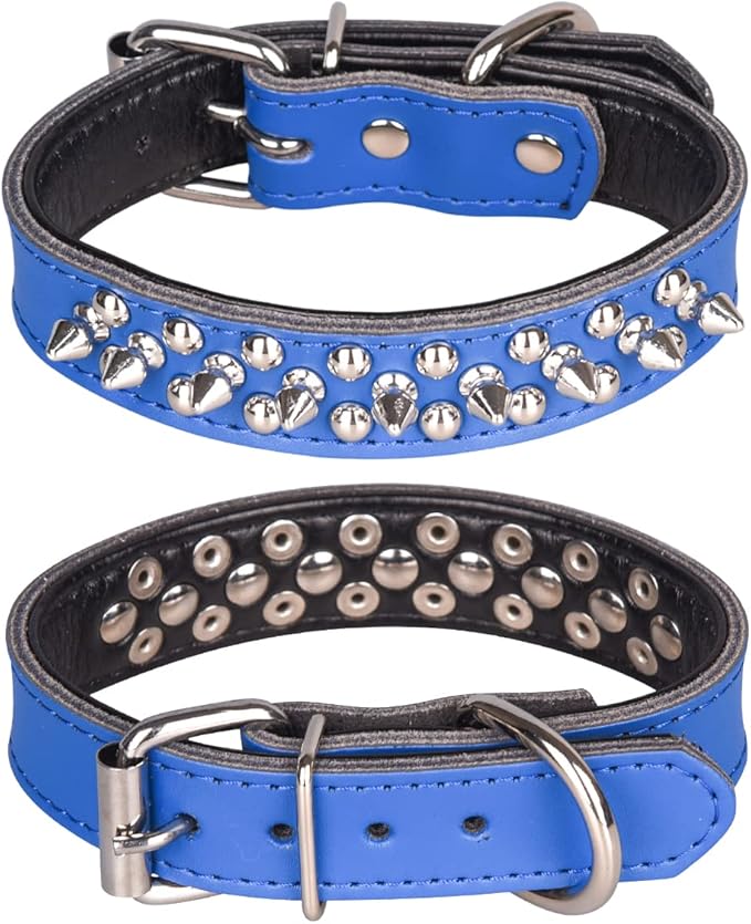 Adjustable Genuine Leather Spiked Studded Dog Collars for Small Medium Large Pets Like Pit Bull Bulldog Pugs Husky (L, Dark Blue)