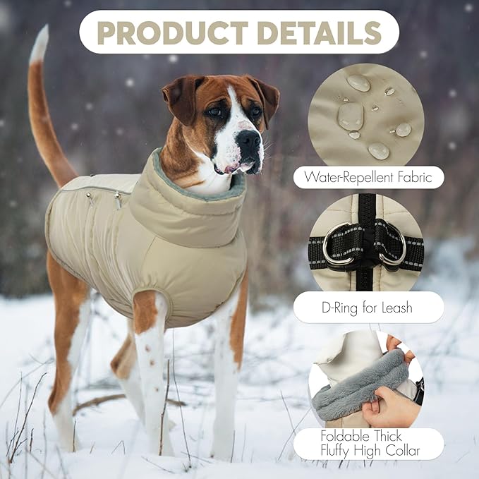 IDOMIK Warm Dog Coat with Harness, Waterproof Reflective Dog Jackets for Small Medium Large Dogs, Fleece High Collar Winter Jacket with Zipper, Pet Winter Snowsuit Clothes for Cold Weather,Khaki XL