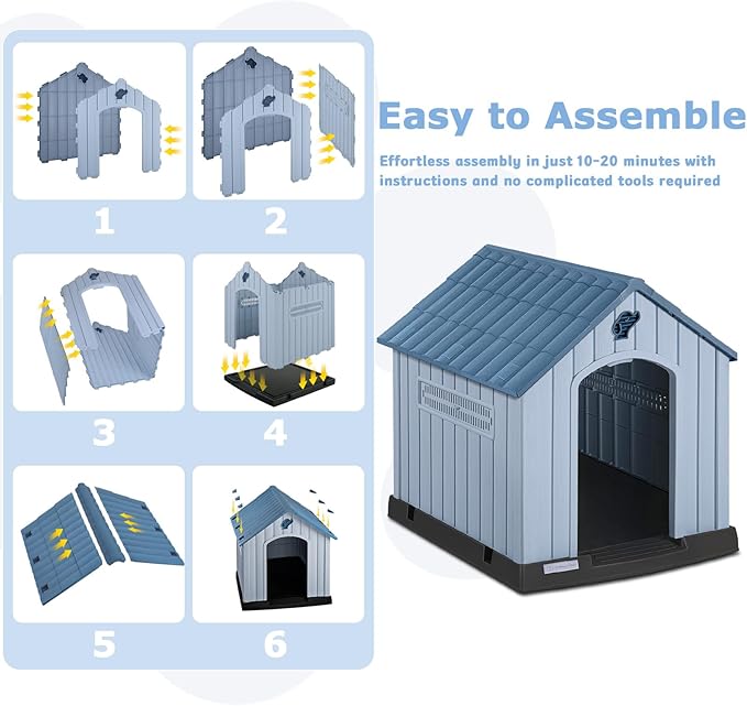 PUKAMI Large Dog House Outdoor Indoor, Plastic Dog House Weatherproof for Large Dogs, Study Puppy Shelter with Air Vents and Elevated Floor, Easy Clean and Assemble (Blue, 31.5"D x 33.5"W x 33.9"H)