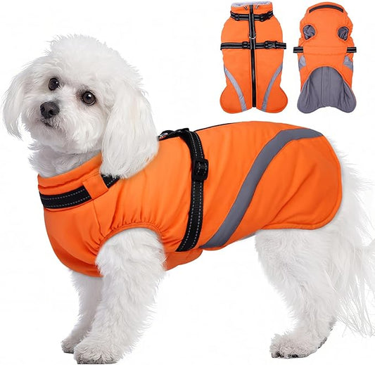 BRKURLEG Dog Winter Jackets for Small Dogs, Dog Coat with Harness Built in, Dogs Snowsuits with Zipper, Waterproof Windproof Pet Puffer Jacket Fleece Vest for Chihuahua, Yorkie, Orange XS