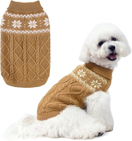 Warm Winter Dog Sweater - Cold Weather Pet Clothes for Small Medium Large Dogs Indoor Outdoor, Soft Classic Knit Puppy Apparel, Khaki, S