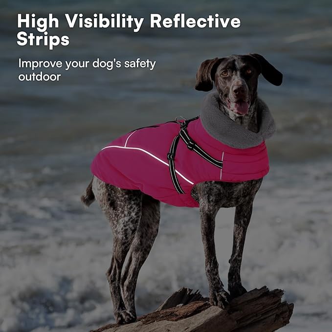 Queenmore Dog Jackets for Large Dogs,Dog Coat with Harness Built in,Waterproof Dogs Coats with Zipper On Back,Warm Fleece Lining Cold Weather Pet Coats with Furry Collar for Labrador,Rosered,XL