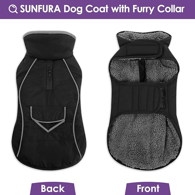 SUNFURA Dog Coat, XXXL Dog Winter Jacket, Reflective Fleece Snow Coat with Furry Collar, Waterproof Pet Puffer Jacket for Great Dane Extra Large Dogs, Black 3XL