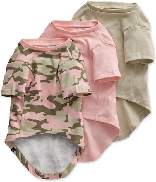 Toby II - The Perfect Tee, 3 Pack Short Sleeve Pet T-Shirt 100% Organic Cotton Tees Clothes for Small, Medium, Large Dogs, Pink Camo, Small