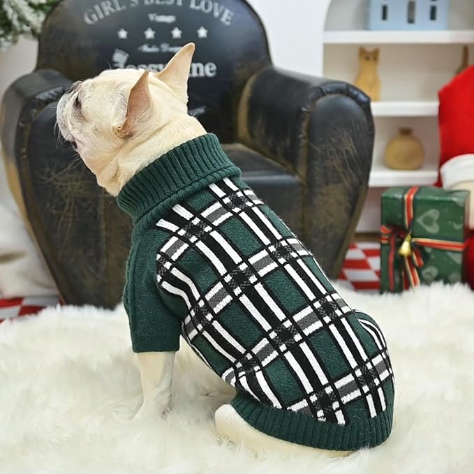 SCENEREAL Turtleneck Dog Sweater for Small Medium Large Dogs Girls Boys, Christmas Plaid Pullover Puppy Sweatershirt, Dogs Cold Weather Outfit Clothes, Ideal Gift for Pet in New Year, Green Plaid L
