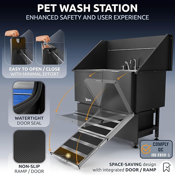 KANIS Black Line Professional Dog Washing Station - 304 Stainless Steel Pet Wash Sink & Grooming Bathtub w/Shower, Floor Grates and Storage for Large, Medium & Small Pets (50", 2 Drawers - Right Ramp)