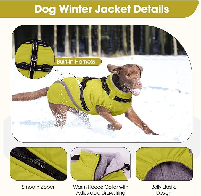 BRKURLEG Dog Winter Jackets for Large Dogs, Dog Coat with Harness Built in, Dogs Snowsuits with Zipper, Waterproof Windproof Pet Puffer Jacket Fleece Vest for Labrador, German Shepherd, Green XXXL