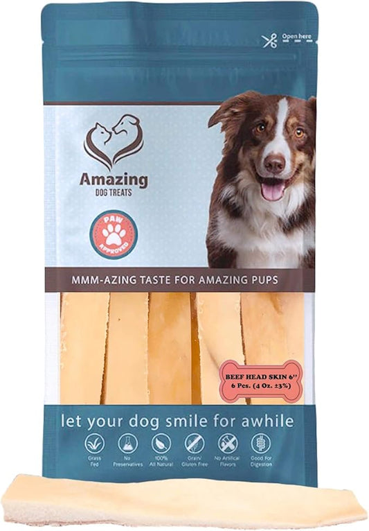 Amazing Dog Treats - Beef Cheek Strips Premium Dog Chew (6 Inch - 6 Pack) - NO Odor - Thick Cut - Rawhide Alternative - Beef Cheek Slice Chip Sticks - No Dyes, Chemicals, or Preservatives