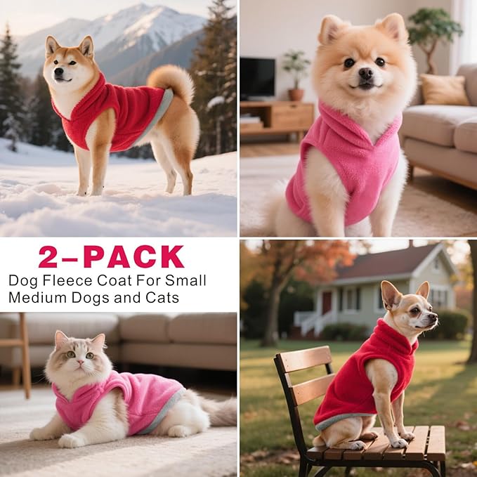 Idepet 2 Pack Dog Fleece Vest Sweater Warm Pullover Jacket with D-Ring Leash Reflective Winter Coat Hoodie for French Bulldog Pug Chihuahuas Yorkies Dachshunds(Red&Rose Red,Large-French Bulldog)