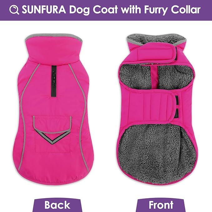 SUNFURA Dog Coat, XXXL Dog Winter Jacket, Reflective Fleece Snow Coat with Furry Collar, Waterproof Pet Puffer Jacket for Great Dane Extra Large Dogs, Hot Pink 3XL