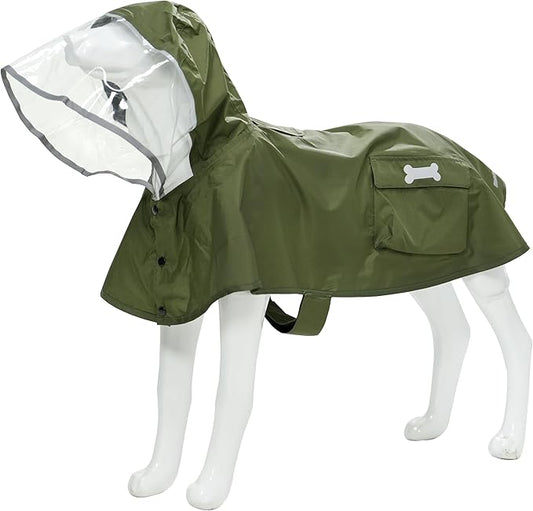 Waterproof Dog Raincoat, Adjustable Reflective Lightweight Pet Rain Clothes with Poncho Hood (Army Green, XX-Large)