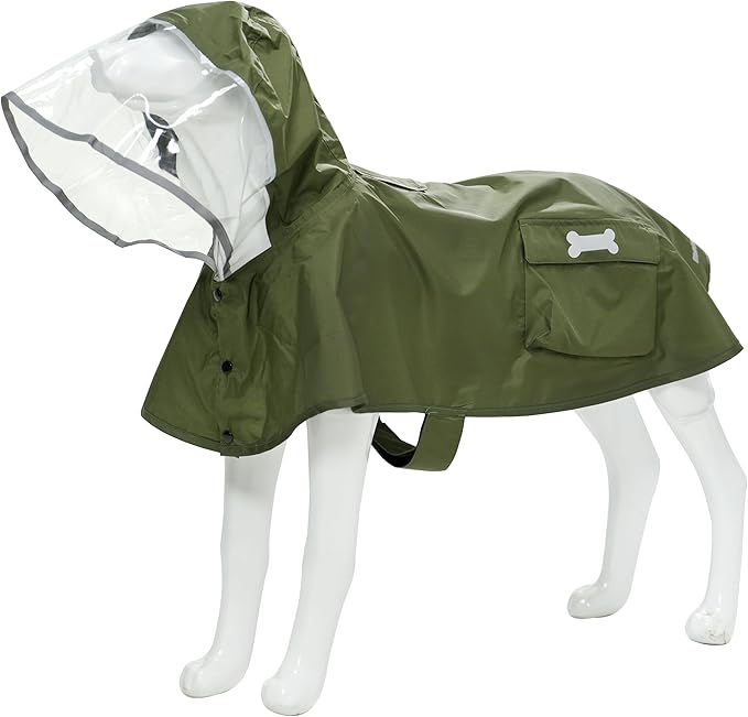 Waterproof Dog Raincoat, Adjustable Reflective Lightweight Pet Rain Clothes with Poncho Hood (Army Green, Large)