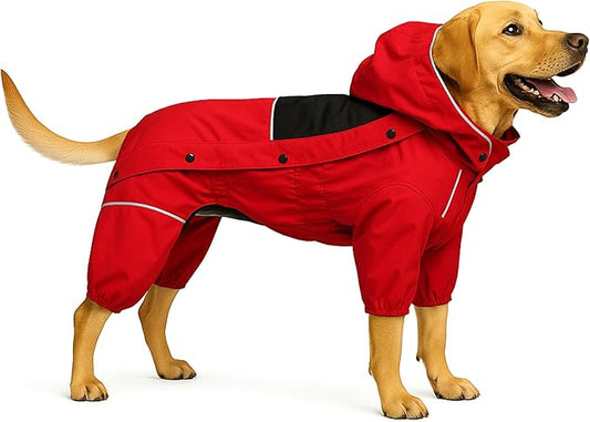 LOVELONGLONG Fleece-Lined Dog Raincoat with Removable Hood – Waterproof Winter Full Body Dog Jacket – Windproof Snowproof Cold-Weather Suit – Red-F S+