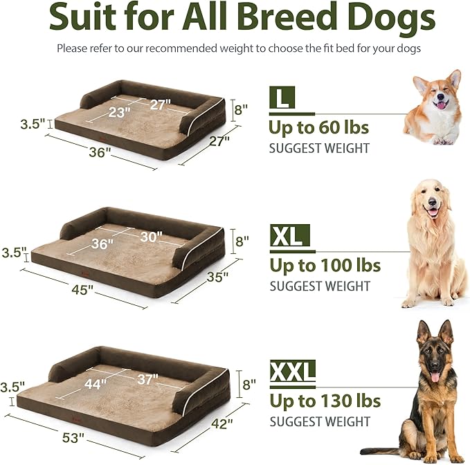Orthopedic Dog Beds for Extra Large Dogs, Waterproof Egg Crate Foam XL Dog Bed with Sides 45 * 35Inch, Big Dogs Couch Beds with Removable Washable Cover and Nonskid Bottom, Brown