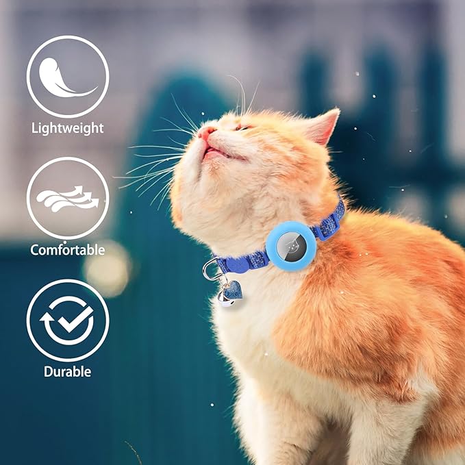PUPTECK Airtag Cat Collar Breakaway 2 Pack with Bells, Reflective Kitten Collar with Air Tag Holder for Boy Girl Kitty and Puppies, Soft, Navy Blue & Light Blue