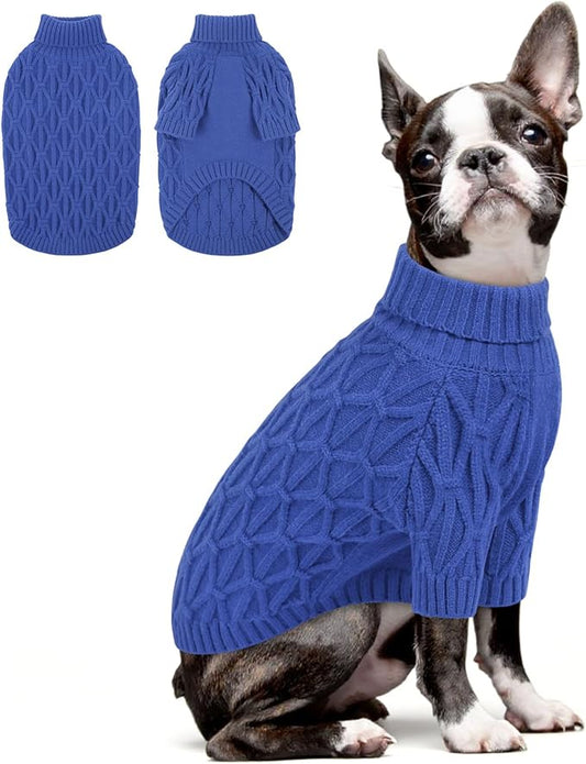 Queenmore Large Dog Sweater,Dog Sweaters for Large Dogs Male Female,Thanksgiving Fall Knit Sweater for Dogs,Turtleneck Thick DogSweaters,Knitwear Pet Clothes for Corgi,French Bulldog(Royal Blue,L)