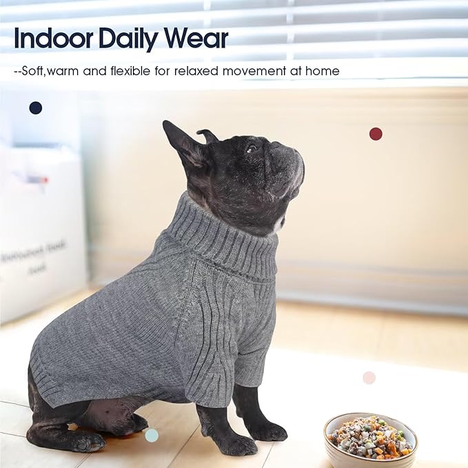 IECOii Dog Sweaters For Medium Dogs Girl Boy,Holiday Knit Doggy Sweatshirt with Sleeve,Turtleneck Thick Warm Dog Sweaters for Winter,Pullover Knitwear for French Bulldog,Boston Terrier (Light Grey, L)