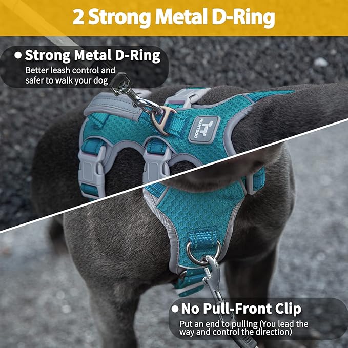 Huntboo Escape Proof Dog Harness, No Pull Reflective Harness with Lift Handle, Adjustable Pet Vest with Front and Back Leash Clips for Small Medium Large Dogs Walking Hiking Training (Teal,XL)